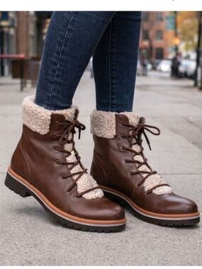 TOMMY HILFIGER Twron Brown Leather Combat Lace Up Boots Pile Fur Lined Size 10
